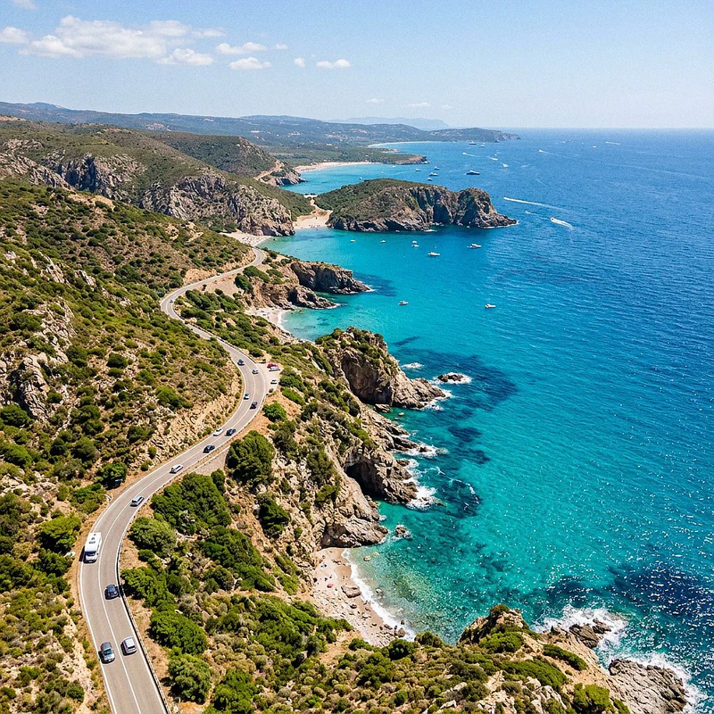 Panoramic view of the SP71 along Sardinia's South Coast with crystal clear sea and the road winding through Mediterranean scrub.