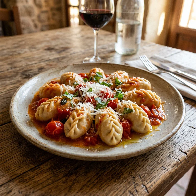 A rustic plate of handmade Sardinian culurgiones topped with fresh tomato sauce, grated pecorino cheese, and basil, on a wooden table.
