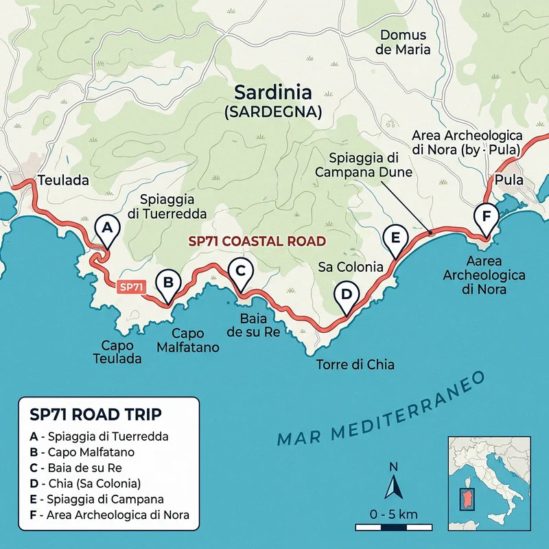 Map of the road trip along SP71 from Porto di Teulada to Chia