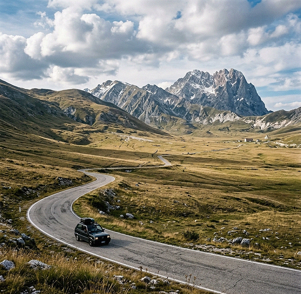 Le vaste pianure erbose e le strade tortuose di Campo Imperatore, spesso chiamato il 'Piccolo Tibet' d'Italia.