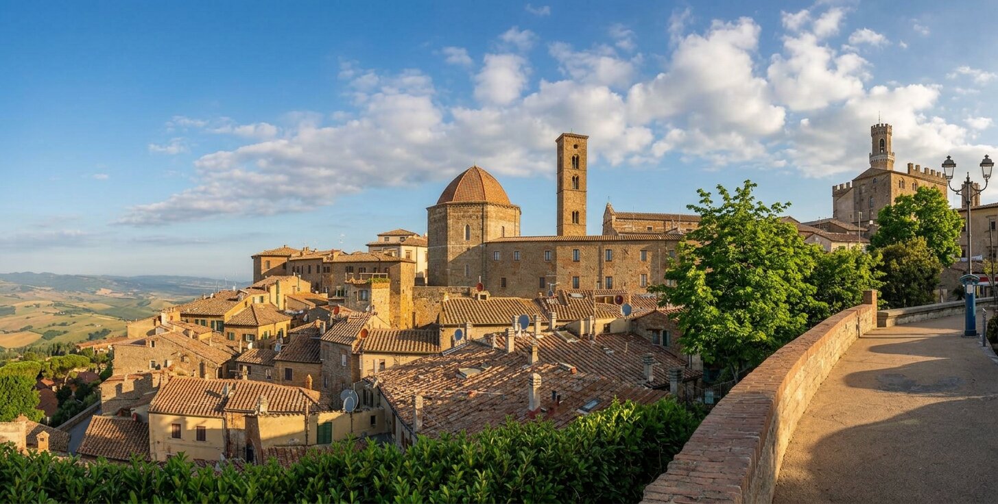 Die spektakuläre Aussicht auf das mittelalterliche Dorf Volterra, die Stadt aus Stein und Alabaster in der Toskana