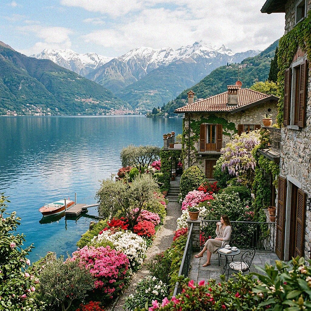 Vista romantica del lago di Como con le iconiche ville storiche e giardini fioriti a primavera