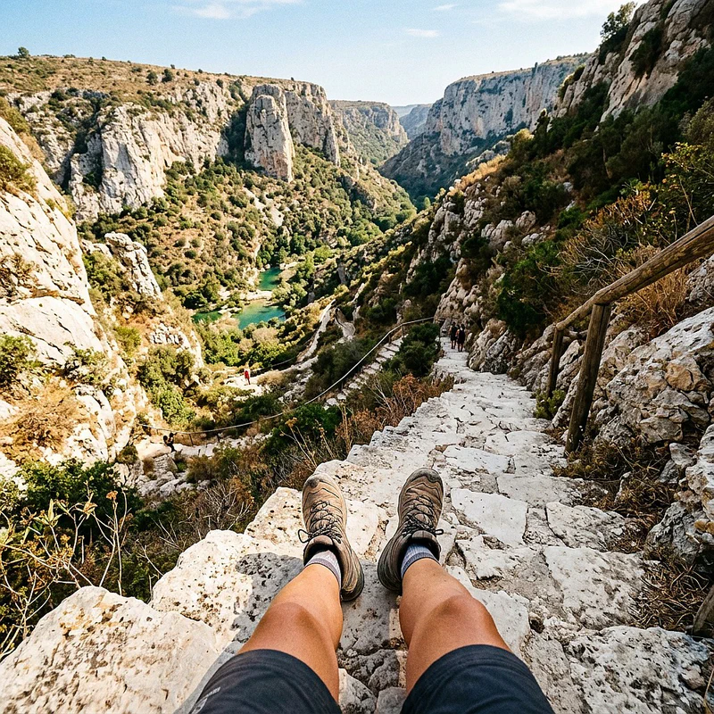 Un ripido sentiero roccioso fatto di gradini di calcare bianco che scende verso un canyon profondo, con le gambe e gli scarponi da trekking di un escursionista in primo piano che guardano il panorama dei laghetti sul fondo