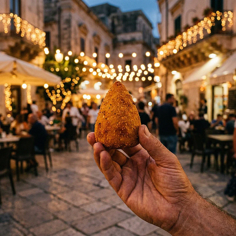 Un arancino siciliano perfettamente fritto tenuto in mano, con le luci sfocate di una festa di paese in sottofondo