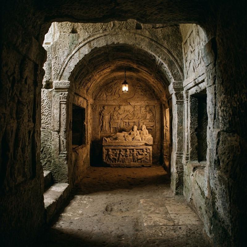 Interior of an ancient Etruscan tomb in Chiusi with sophisticated stone carvings and atmospheric lighting