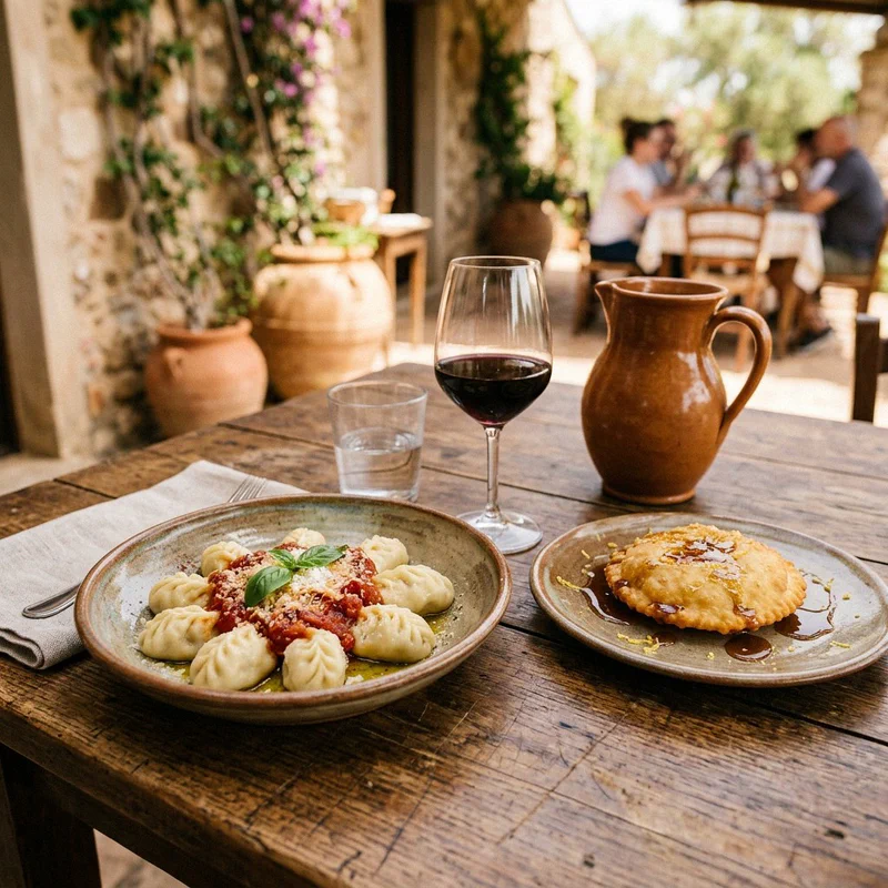 Traditional Sardinian dishes, culurgiones and seadas on a rustic agriturismo table