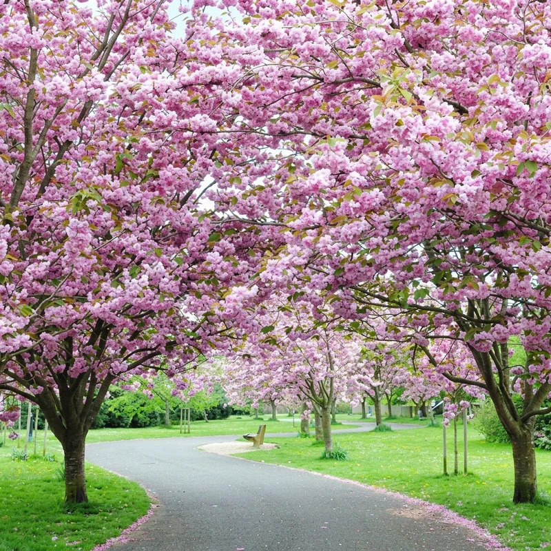 Familien, die entlang des Laghetto dell'EUR in Rom spazieren, umgeben von Kirschbäumen in voller Blüte, beladen mit rosa und weißen Blüten