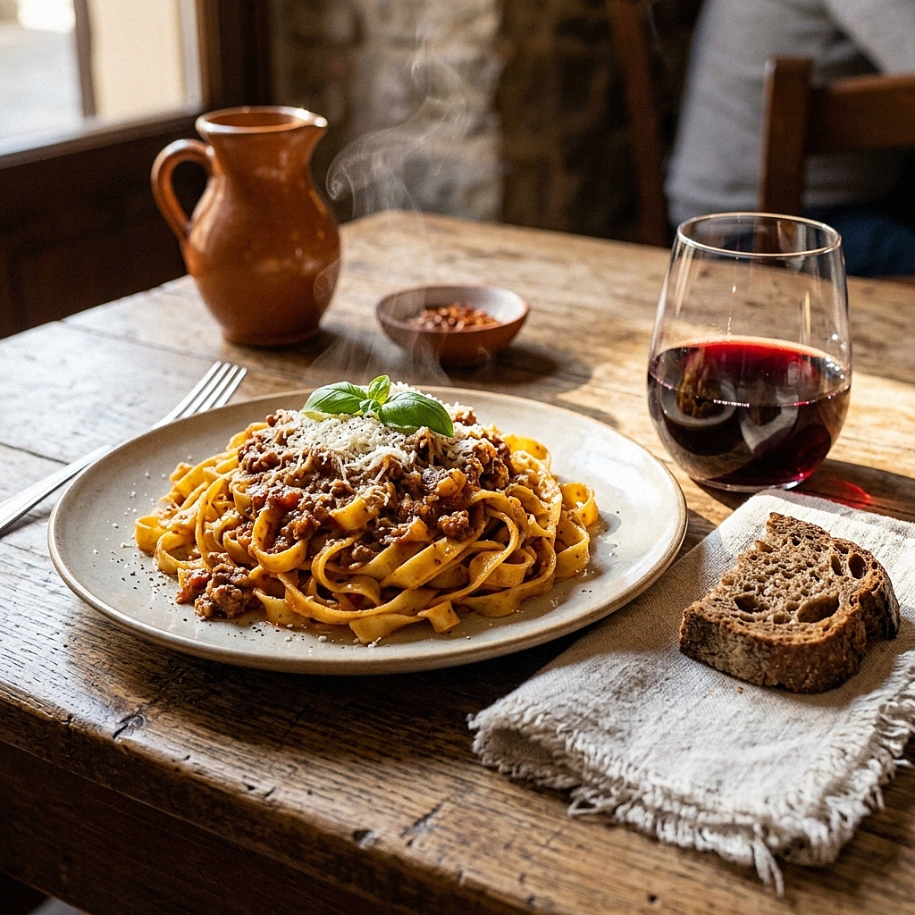 Un piatto fumante di tagliatelle al ragù alla bolognese su una tavola rustica di legno con un bicchiere di vino rosso.