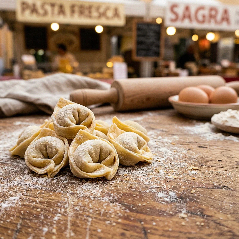 Nahaufnahme von frischen, handgemachten Tortellini auf einem bemehlten Holztisch mit einem Nudelholz im Hintergrund.