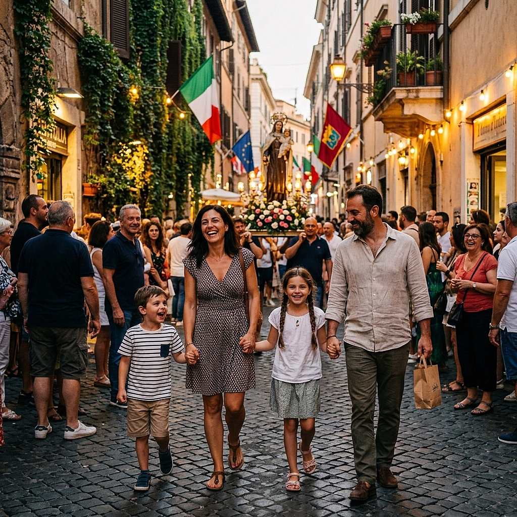 La processione della Madonna Fiumarola a Trastevere con la folla e le luci serali