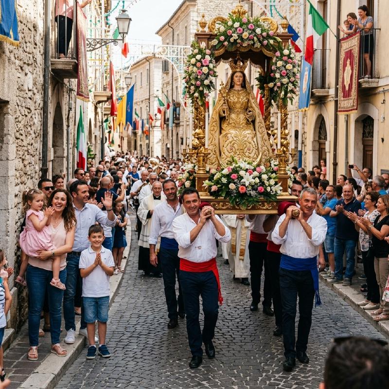 A joyful procession with a statue of Madonna della Libera carried through a festive street in Campobasso, with families and children watching.