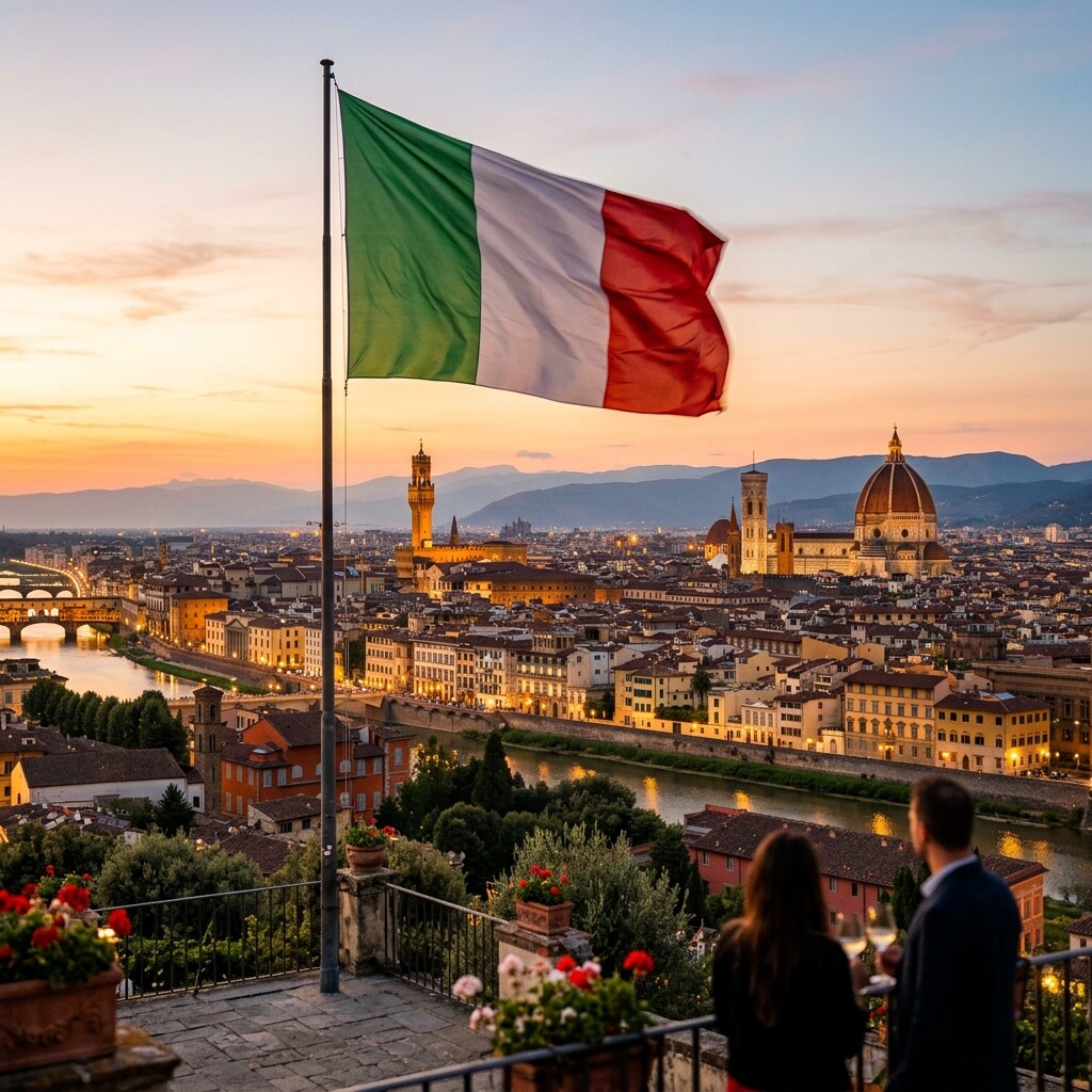 Die italienische Flagge weht über der Skyline von Florenz mit dem Duomo im Sonnenuntergang