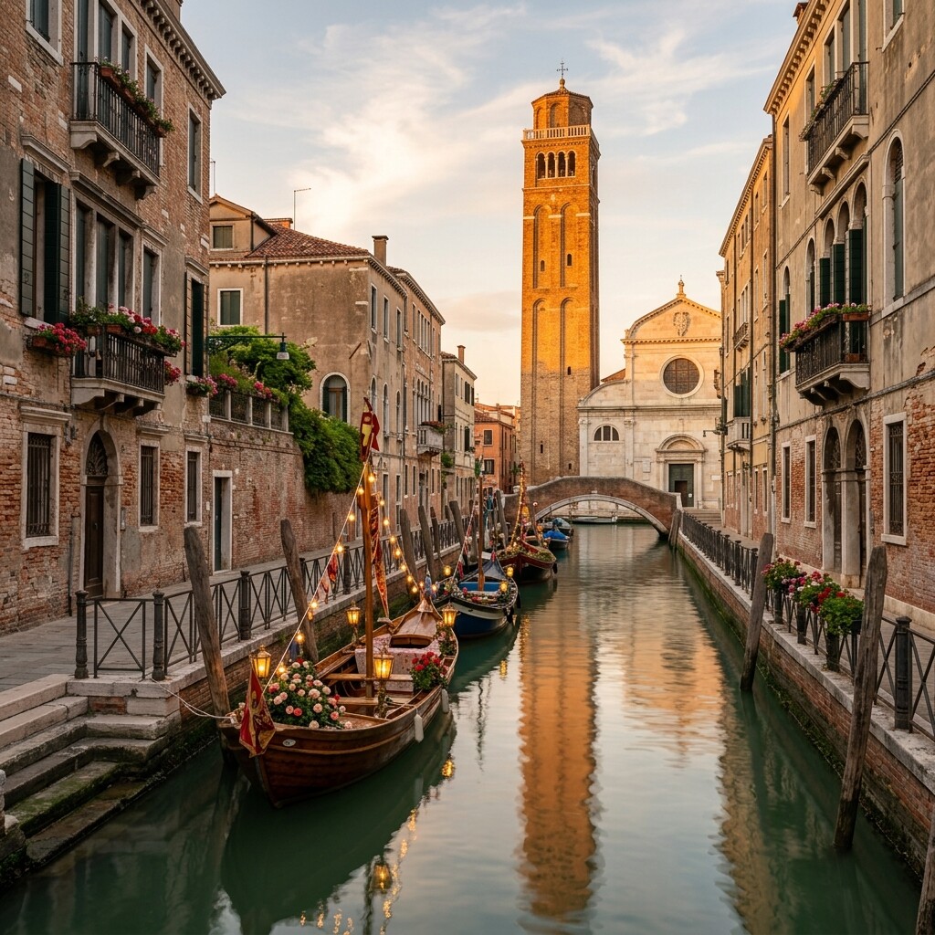Der majestätische schiefe weiße Steinglockenturm und die palladianische Fassade der Kirche San Pietro di Castello in Venedig spiegeln sich im Kanalwasser wider