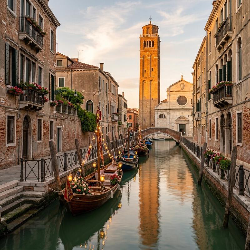 Traditional boats decorated with lanterns in a quiet canal in Castello, Venice, with the San Pietro di Castello bell tower in the background