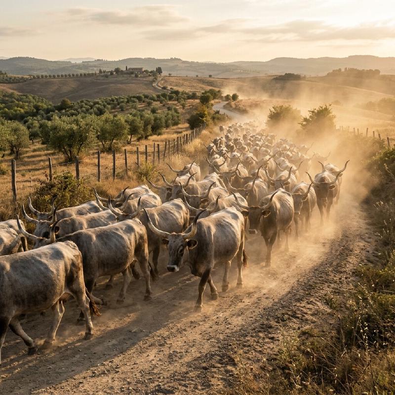 A herd of Maremmana cattle being moved across a dusty rural road in Tuscany during the Transumanza
