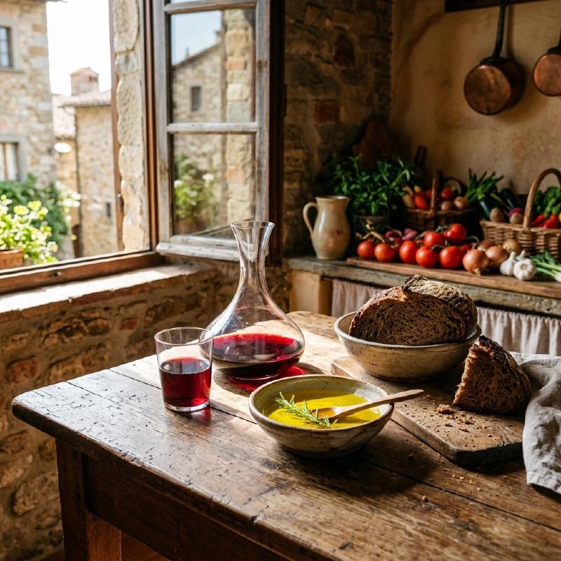 A weathered wooden table in a Tuscan kitchen with a decanter of red wine, golden olive oil, and fresh bread