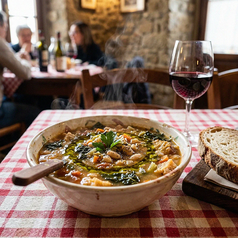 Ciotola di terracotta con ribollita calda in una trattoria fiorentina tipica