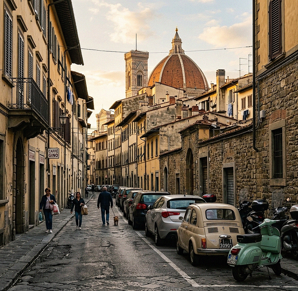 ZTL-Schild in Florenz mit Überwachungskamera in einer historischen Straße
