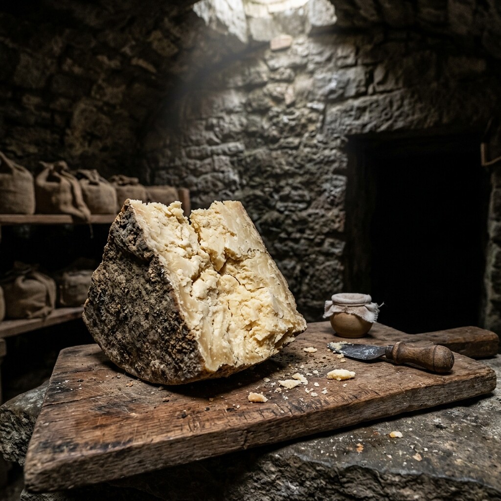 Ein grobes Stück gereifter Formaggio von Fossa auf einem Holzbrett in einer dunklen Steinhöhle, beleuchtet von einem Lichtstrahl