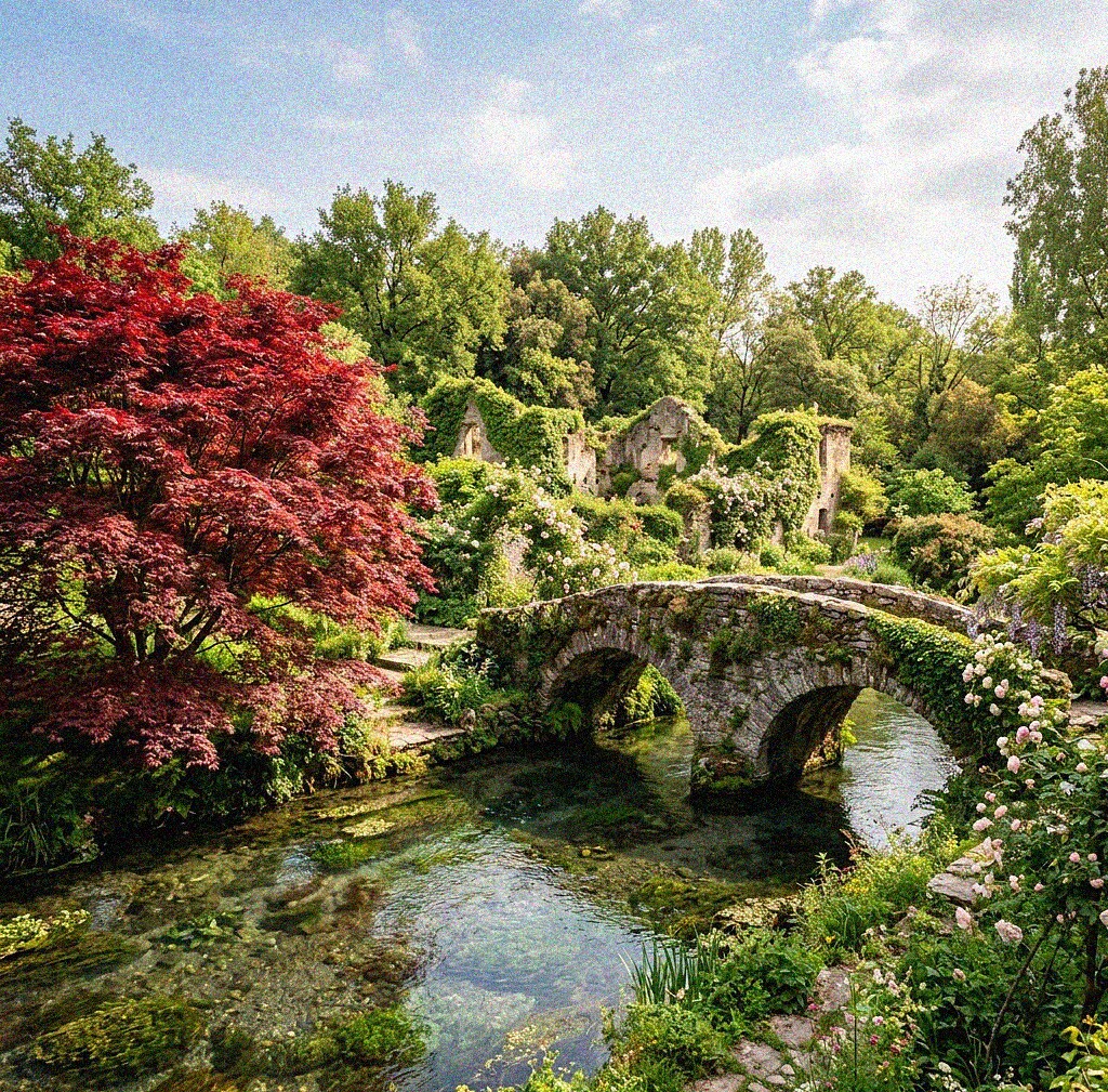 Elena and her kids walking among the flower-covered ruins of the Ninfa Garden