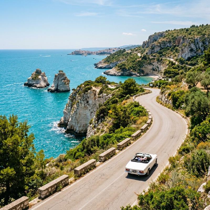 A white convertible car driving along a winding coastal road with white limestone cliffs and sea stacks in the Gargano, Puglia