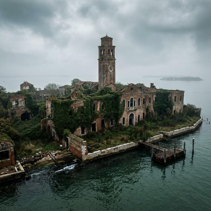 Die bröckelnden, efeubewachsenen Ruinen des verlassenen Krankenhauses und des Glockenturms auf der Insel Poveglia in der venezianischen Lagune