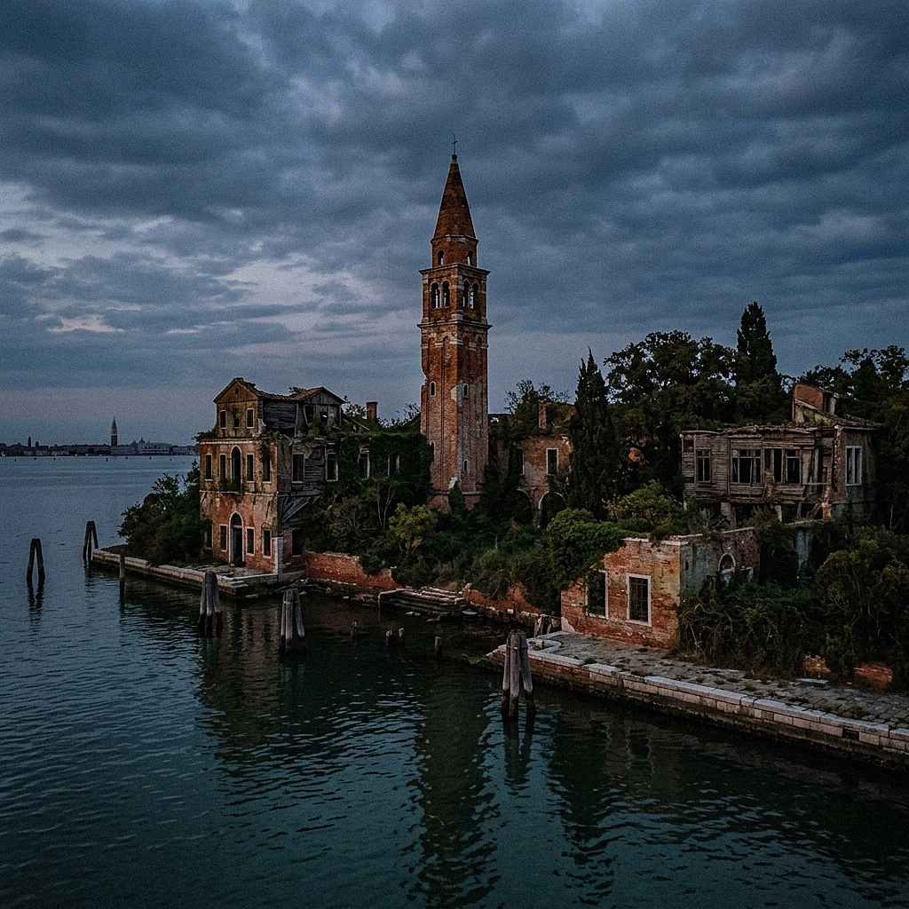 Die bröckelnden, efeubewachsenen Ruinen eines großen verlassenen Gebäudes auf der Insel Poveglia in der Lagune von Venedig