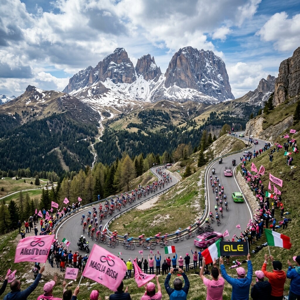 Eine Gruppe von Profiradsportlern schlängelt sich während des Giro d'Italia entlang einer verschneiten Bergstraße in den Dolomiten