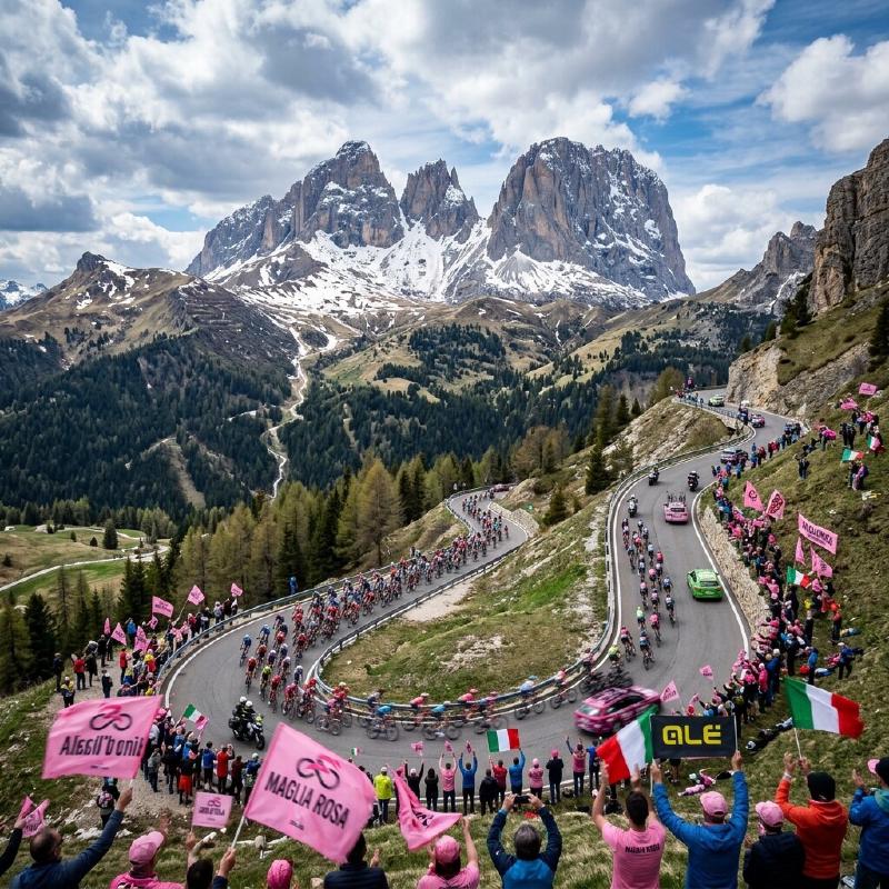 A professional cycling peloton winding along a serpentine road in the snowy Dolomite mountains during the Giro d'Italia