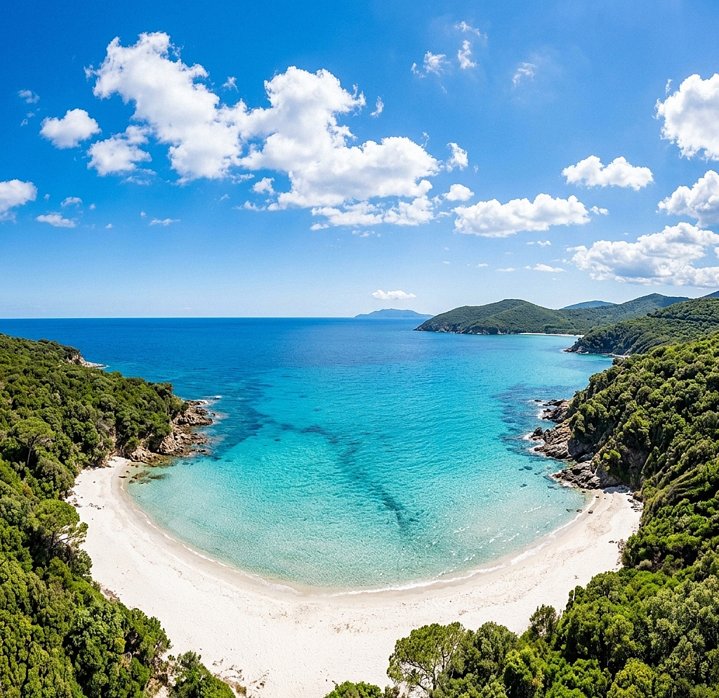 Strand von Cala Violina in der Toskana mit blauem Himmel und Wolken
