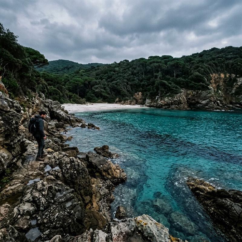 Una caletta turchese isolata sulla costa toscana con rocce frastagliate e una fitta pineta