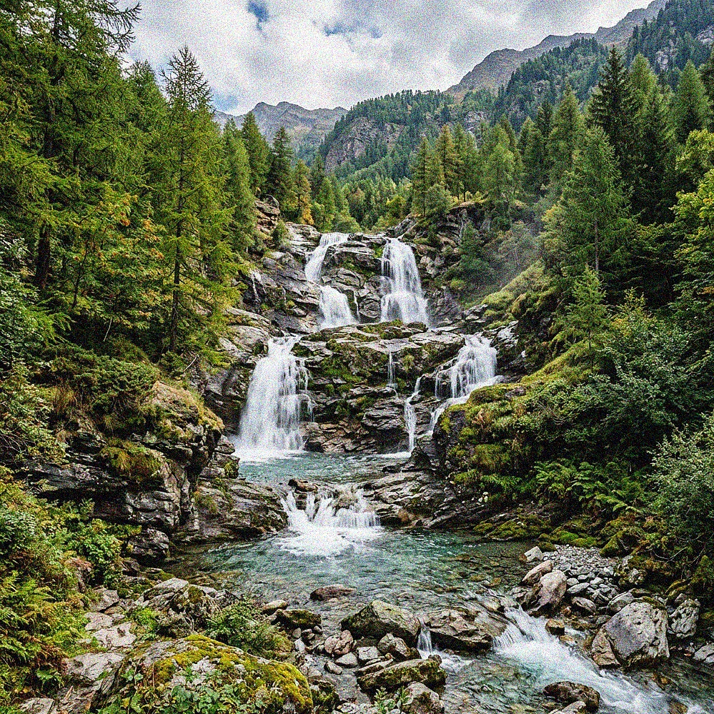 Una cascata nascosta nel Parco Nazionale del Gran Paradiso che cade su rocce muschiose in una pozza turchese.