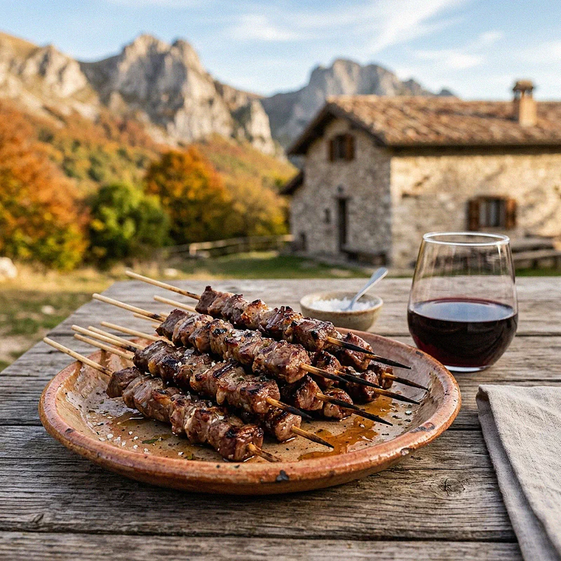 Piatto di arrosticini abruzzesi caldi e calice di vino Montepulciano d'Abruzzo vicino a un rifugio di montagna