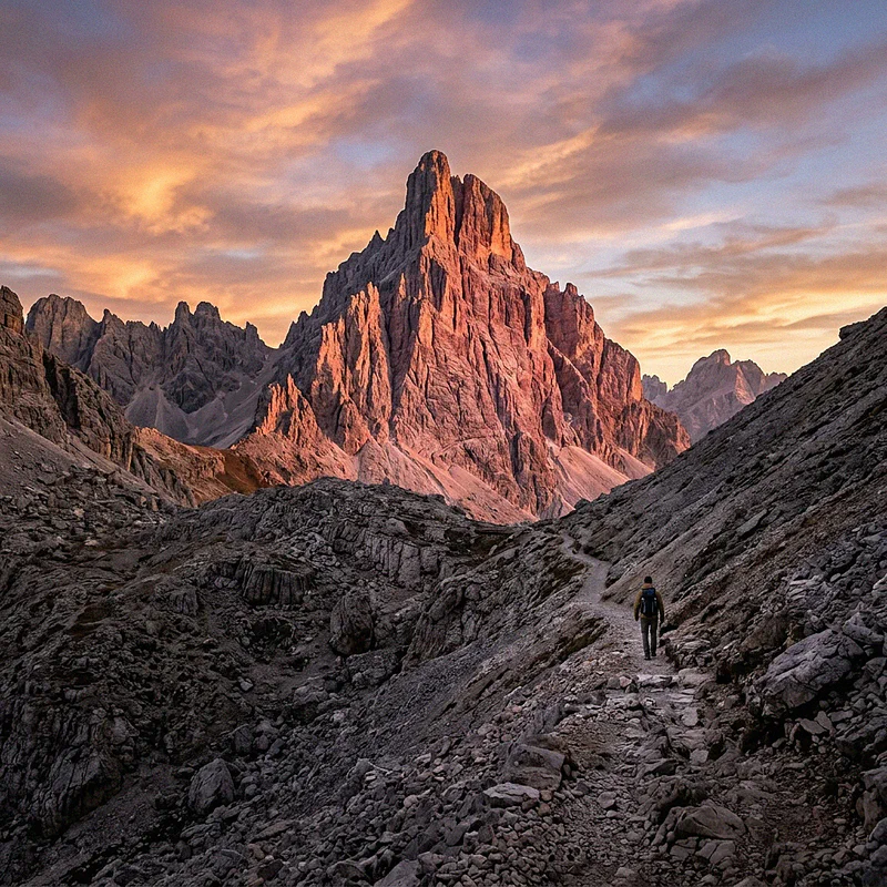 Der zerklüftete Gipfel des Cimon della Pala, rosa und orange im Sonnenuntergang beleuchtet