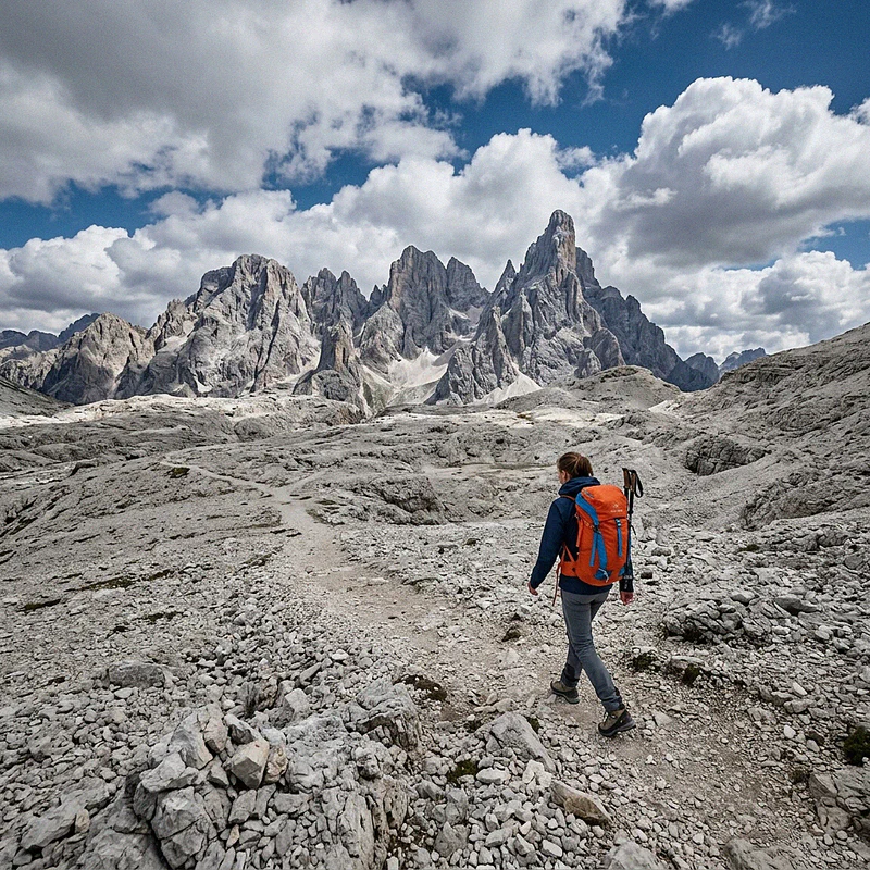 Ein einsamer Wanderer geht auf dem felsigen Hochplateau der Palagruppen in den Dolomiten