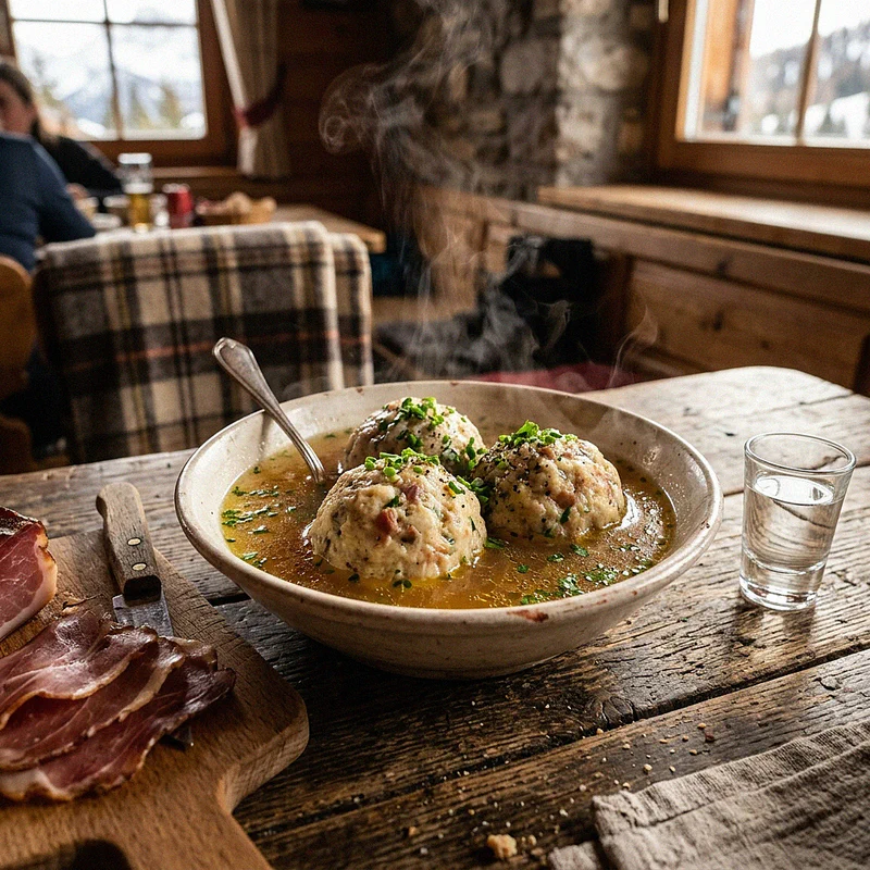 Teller mit dampfenden Knödeln in Brühe mit Speck und Grappa in einer Berghütte