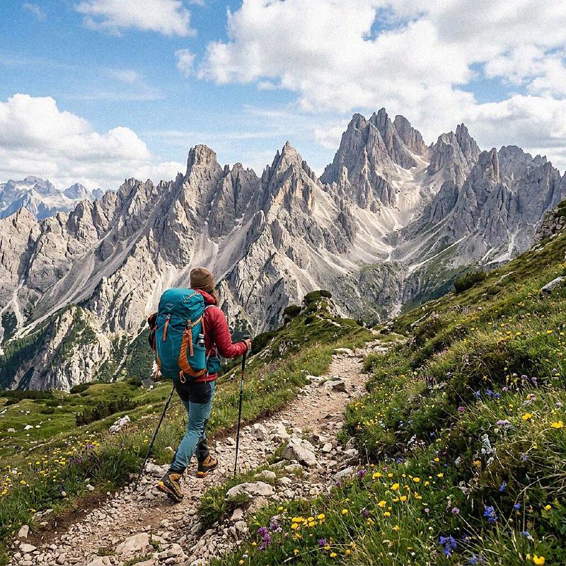 Rugged limestone peaks of the Dolomites under a summer sky