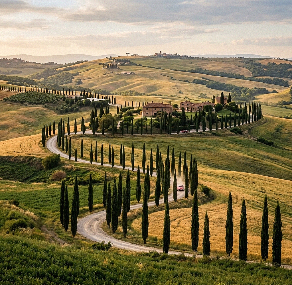 Le iconiche strade sinuose della Val d'Orcia in Toscana costeggiate da cipressi al tramonto