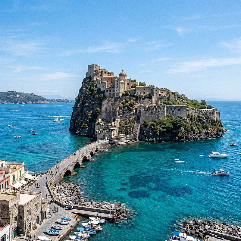 Il maestoso Castello Aragonese collegato da un ponte a Ischia Ponte
