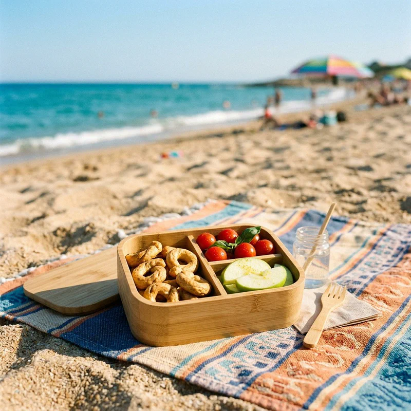 A healthy packed lunch with taralli, cherry tomatoes, and apple slices on a towel on the beach