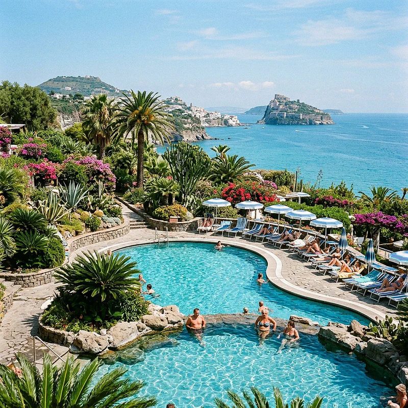 Piscine termali all'aperto circondate da giardini rigogliosi a Ischia