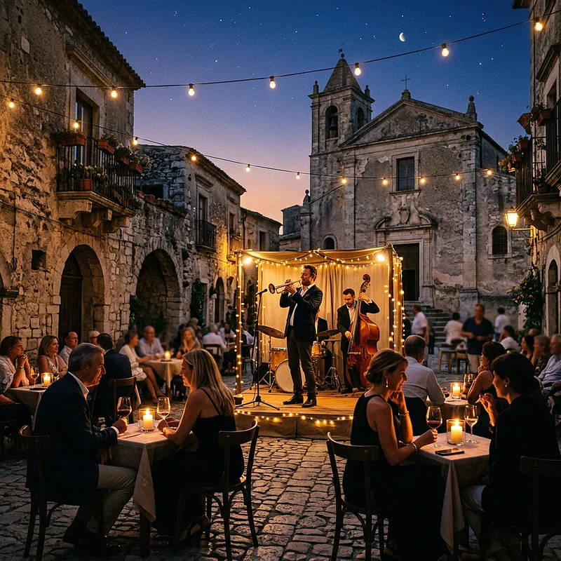 A couple embracing on a balcony overlooking a Calabrian sunset, with jazz music faintly in the air.