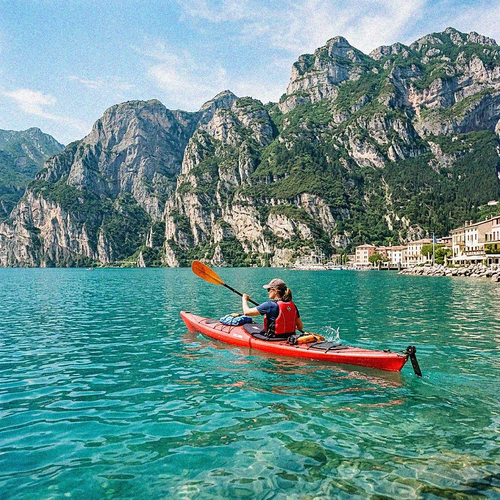 A red kayak glides on turquoise waters with limestone cliffs in the background