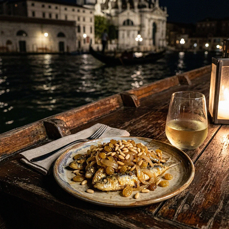 A rustic plate of sarde in saor served on a wooden boat in Venice during the Feast of the Redeemer night