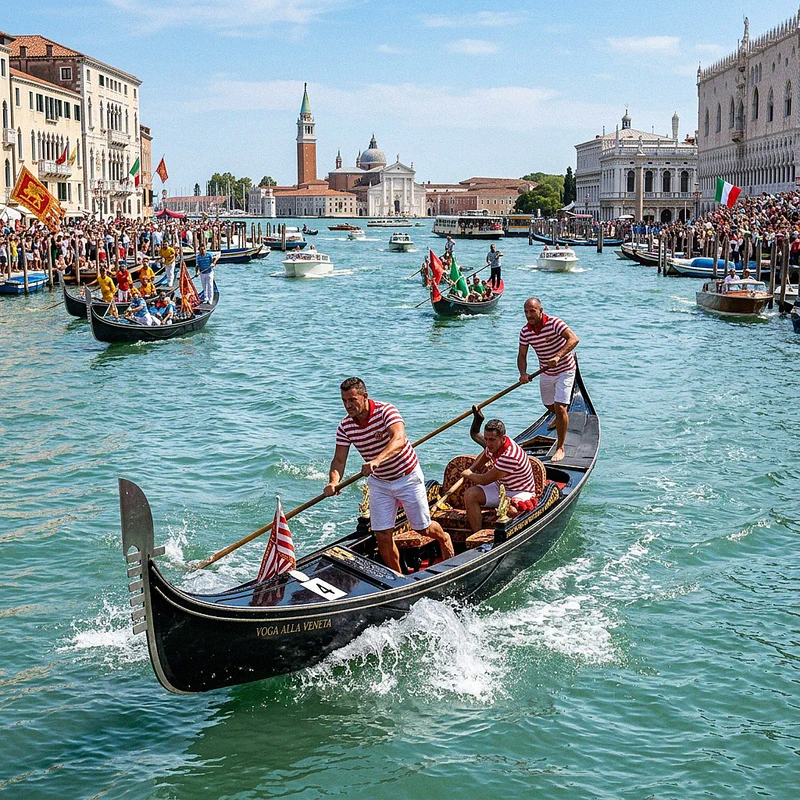 Regata del Redentore in the Giudecca Canal, two rowers in classic gondolas compete