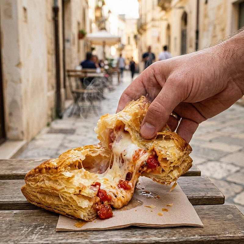 Un rustico leccese di pasta sfoglia dorata aperto a metà, mostrando il ripieno filante di mozzarella, besciamella e salsa di pomodoro