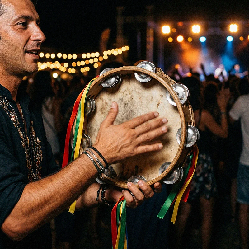 Un tamburello salentino decorato a mano suonato con vigore da un anziano musicista locale, con le mani mosse dalla velocità