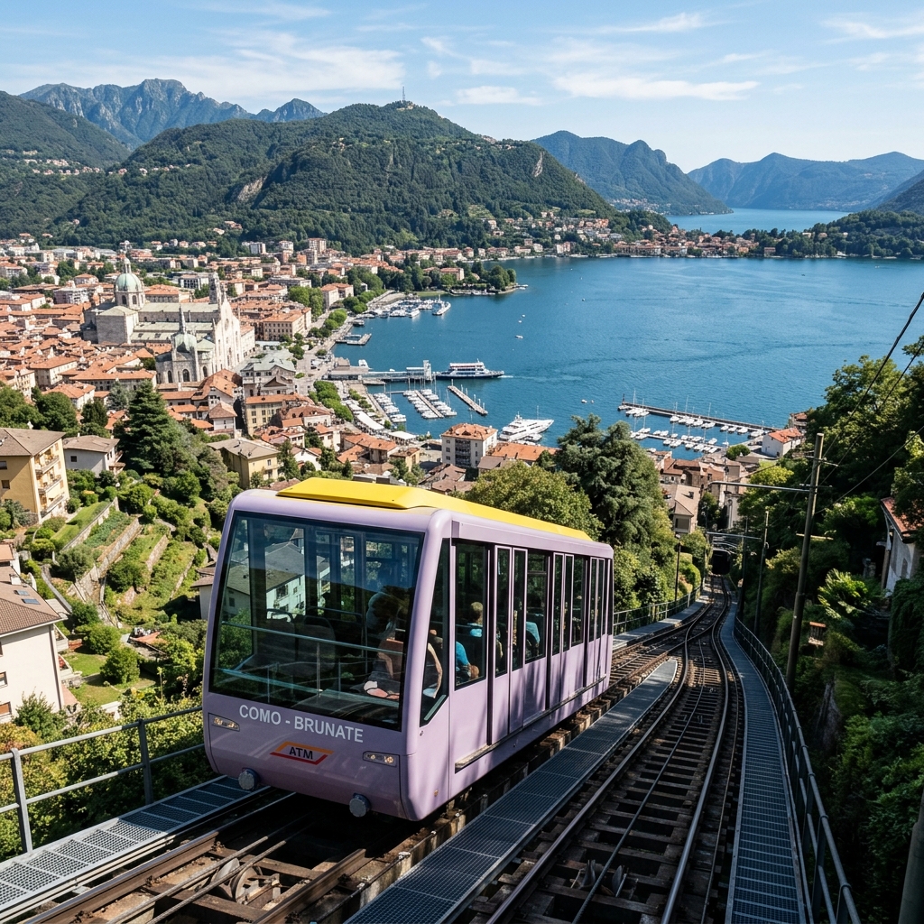 La storica funicolare Como-Brunate che sale verso il borgo con vista panoramica sul lago