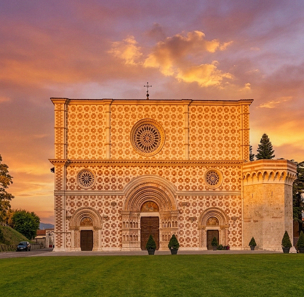 Die rosa-weiße Fassade der Basilika von Collemaggio in L'Aquila unter einem blauen Himmel