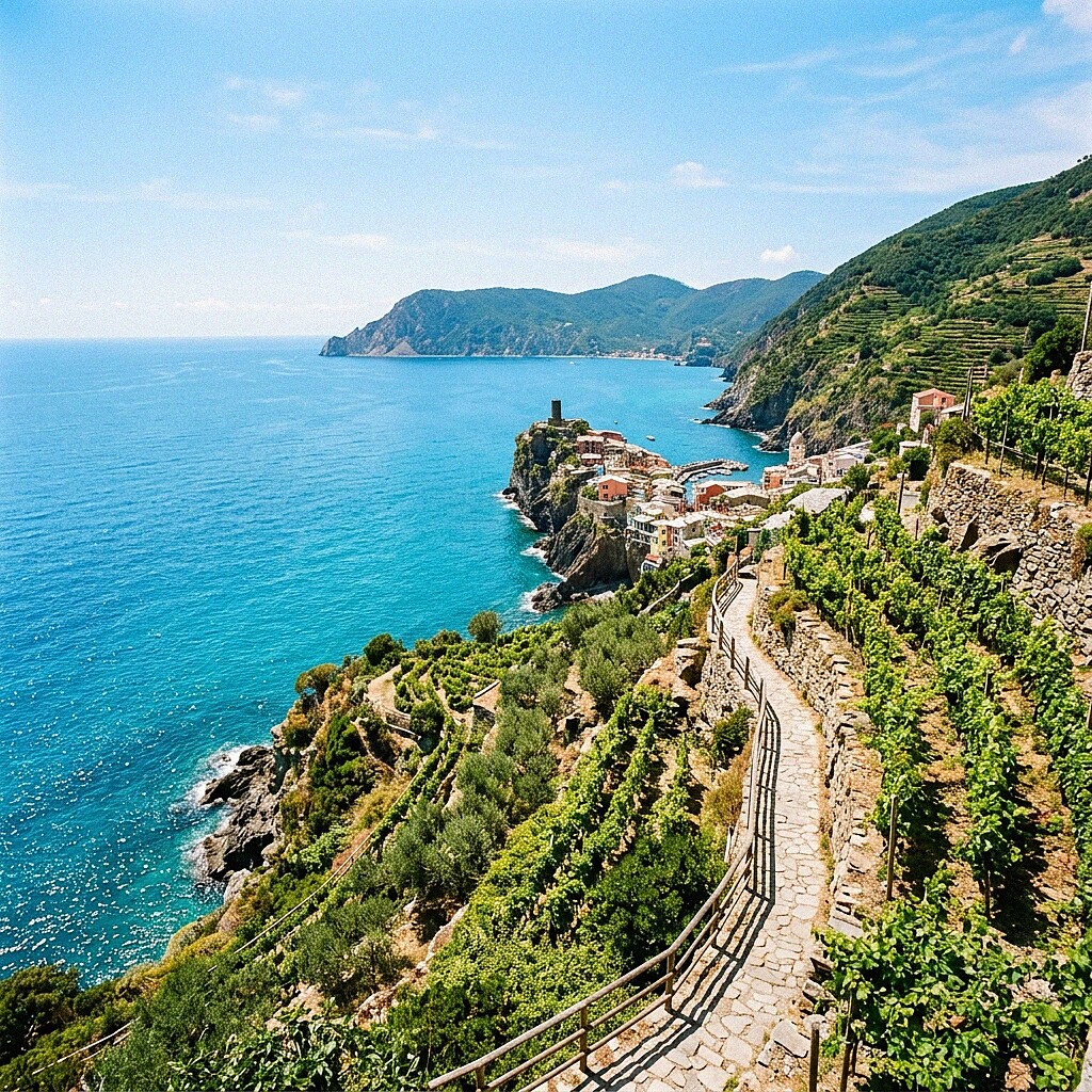 Panoramaweg der Via dei Santuari mit Blick auf die Cinque Terre und das Ligurische Meer